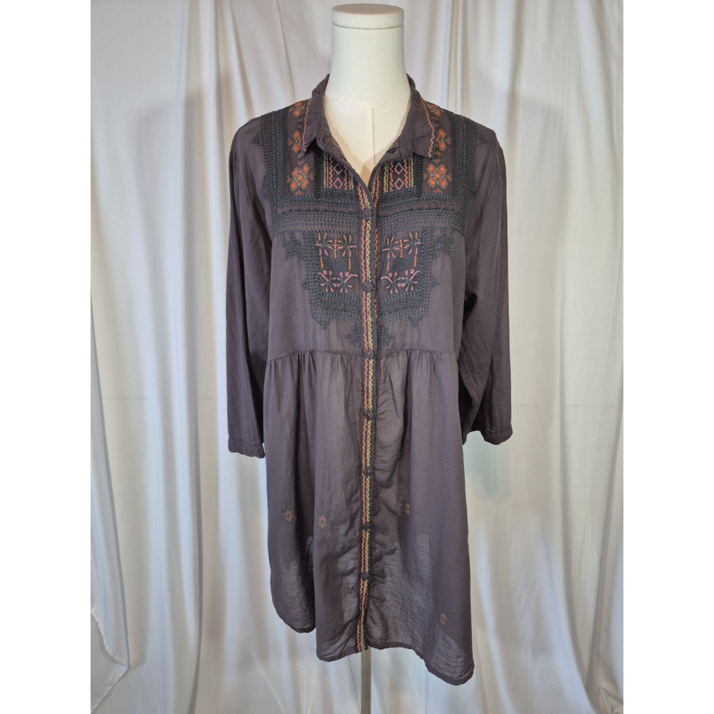 Biya by Johnny Was Embroidered Cotton Tunic Dress Large Dark Gray
